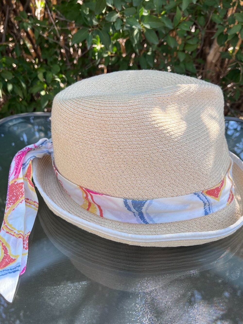 Coach Est. 1941 Women's Straw Fedora Hat Pink Blue White Ribbon M/L Preppy Boho